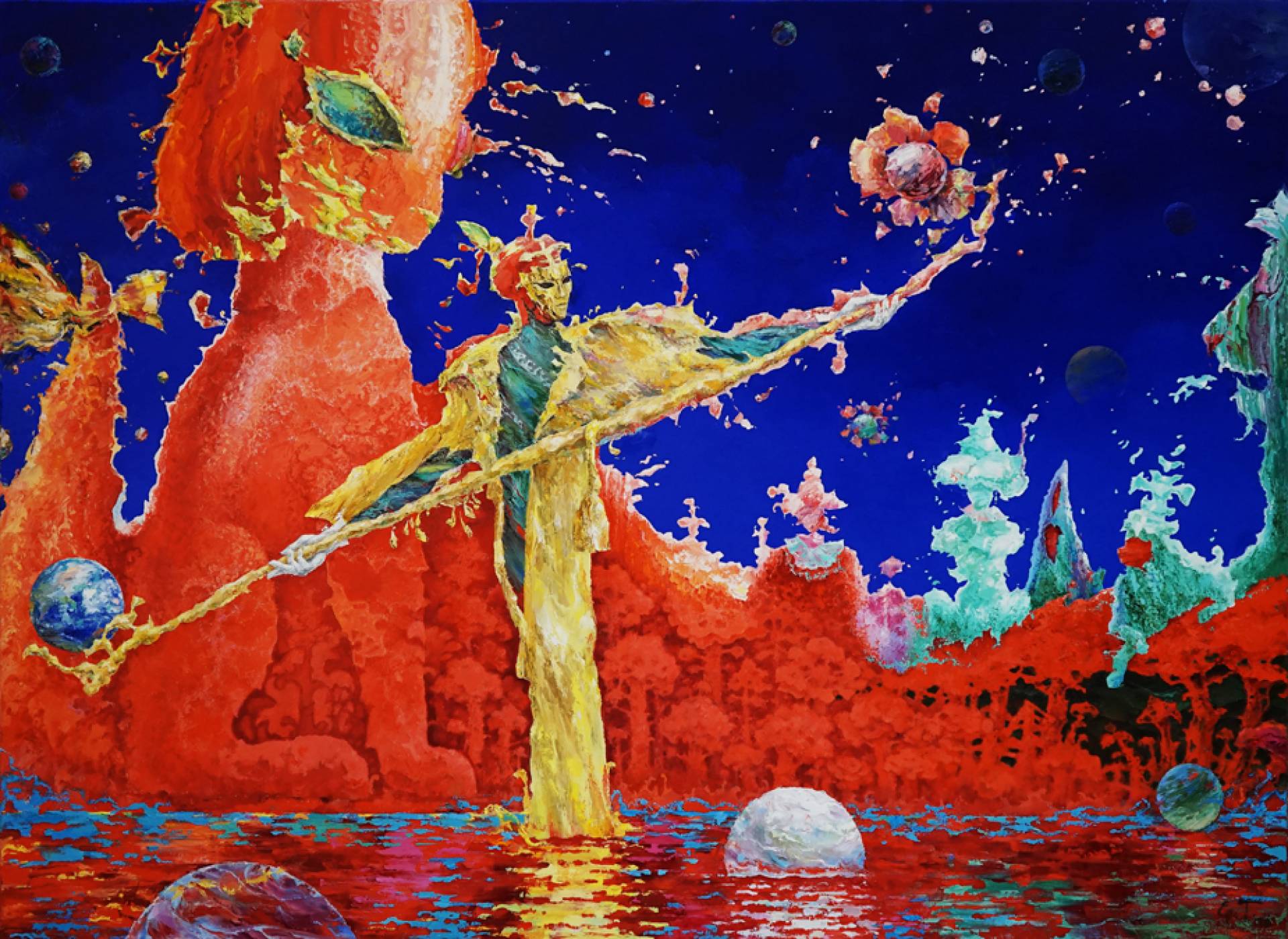 Катающий шары на фоне Красного леса, Евгений Гусельников, Купить картину Масло