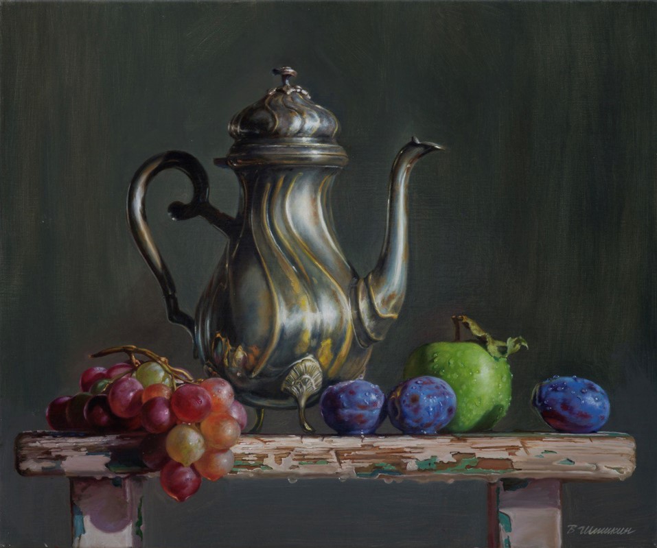 Чайник с фруктами на скамье - 1, Валерий Шишкин , Купить картину Масло